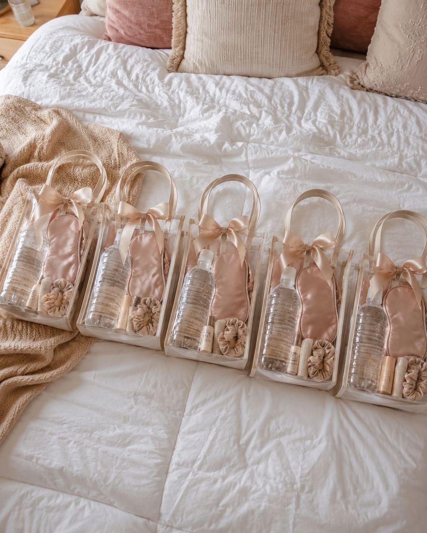 Five clear gift bags with satin sleep masks, water bottles, scrunchies, and lip balm are neatly arranged on a white bed with beige and blush pillows and a knit blanket.