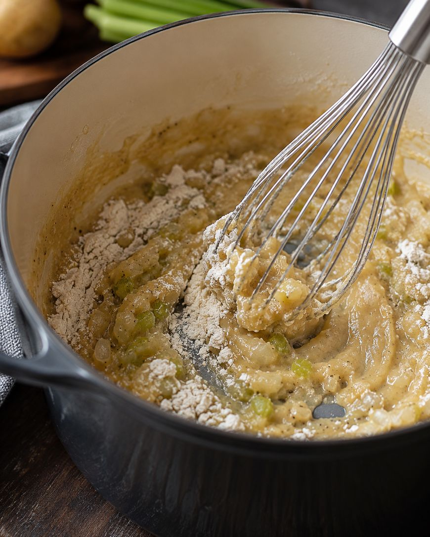 A whisk stirring flour, butter, and celery into a roux in a pot.