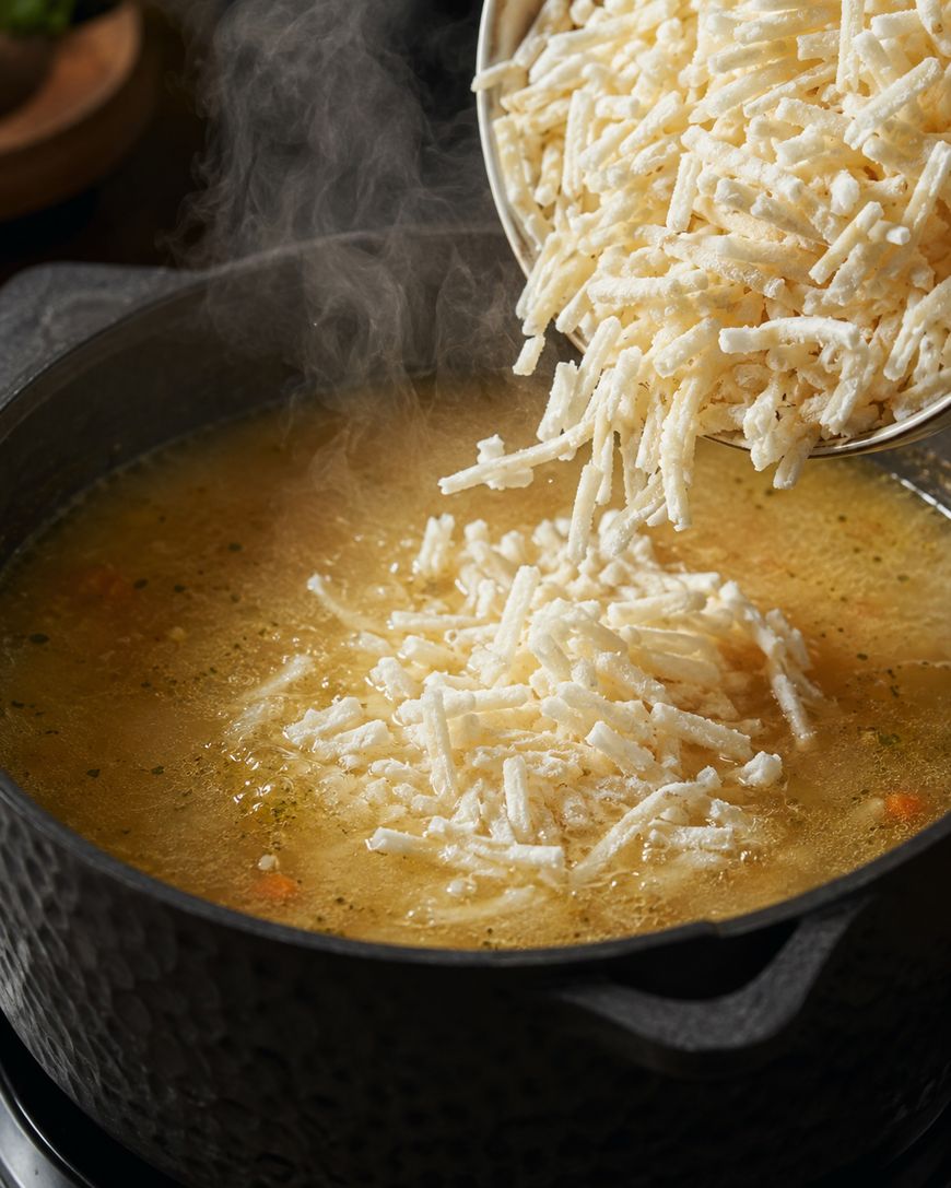 Shredded cheddar cheese being stirred into creamy potato soup with a wooden spoon.