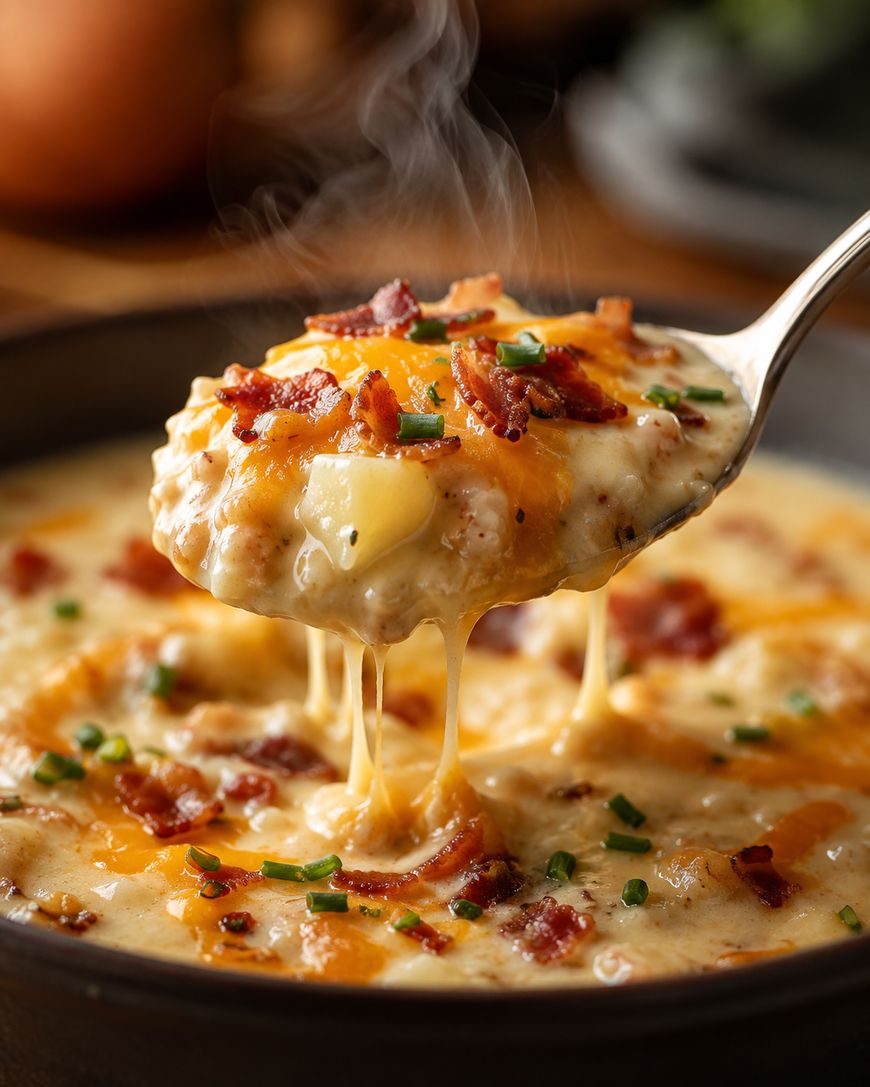A spoon lifting cheesy potato soup with melted cheese stretching and steam rising.