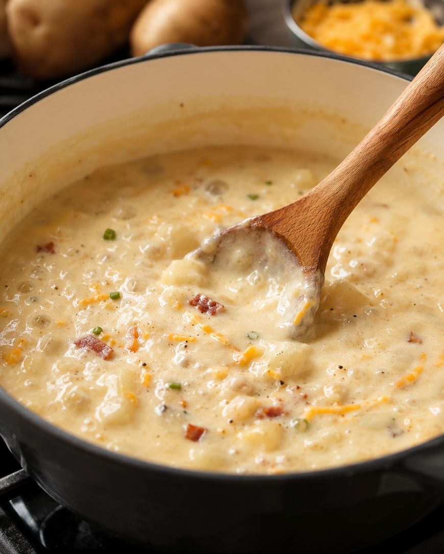 Shredded hash browns being poured into a steaming pot of broth.