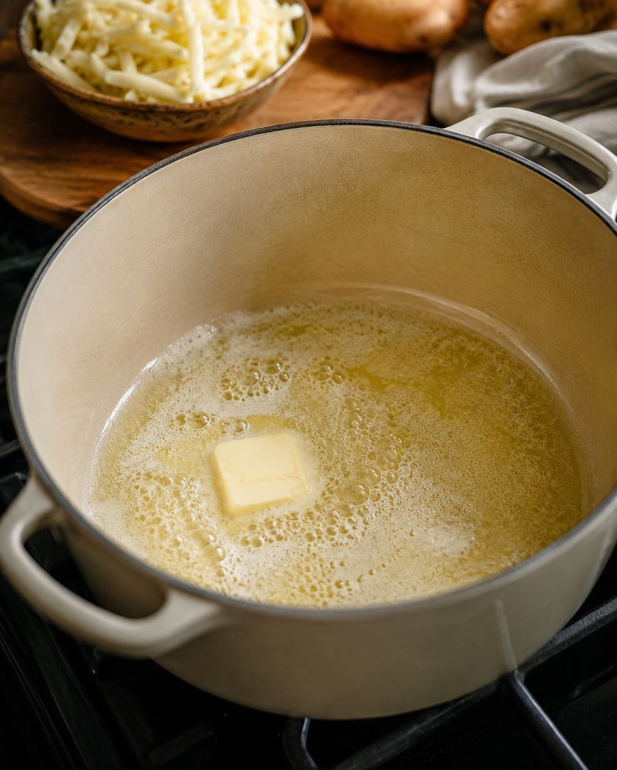 Butter melting in a Dutch oven with raw potatoes in the background.