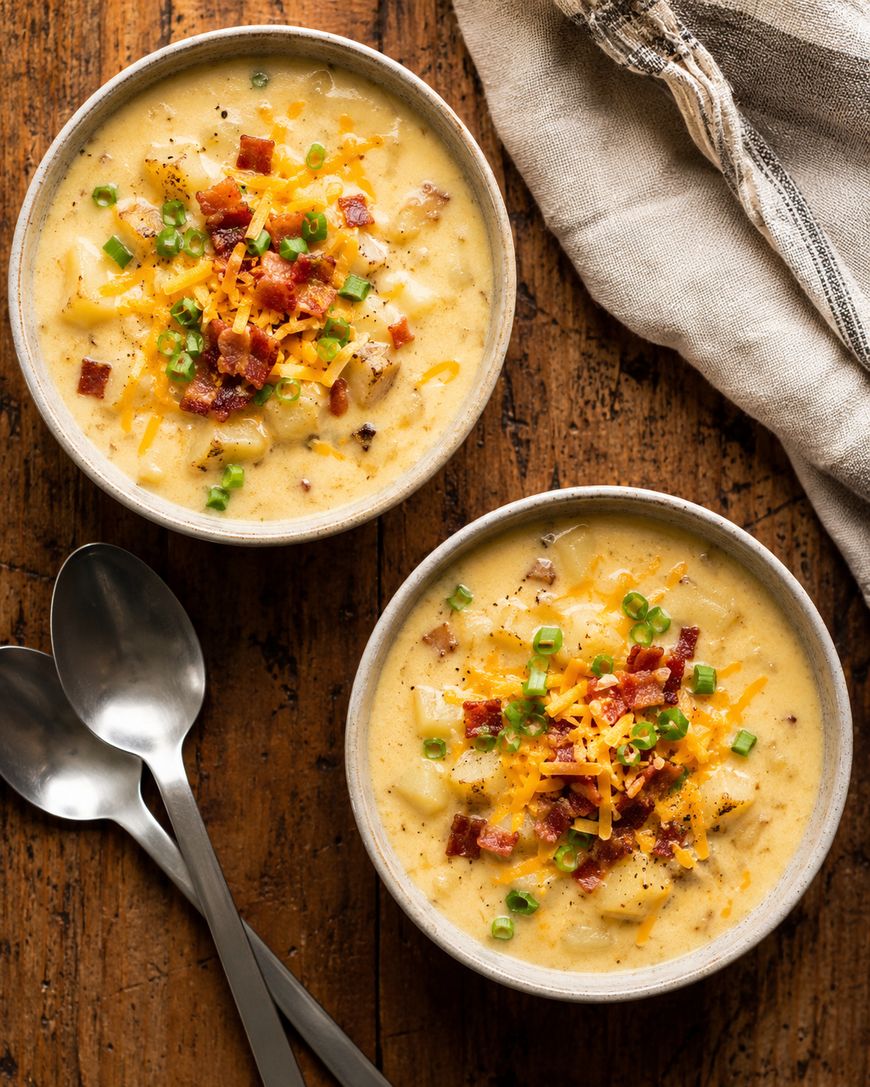 A bowl of creamy potato soup garnished with cheddar, bacon, and chives.