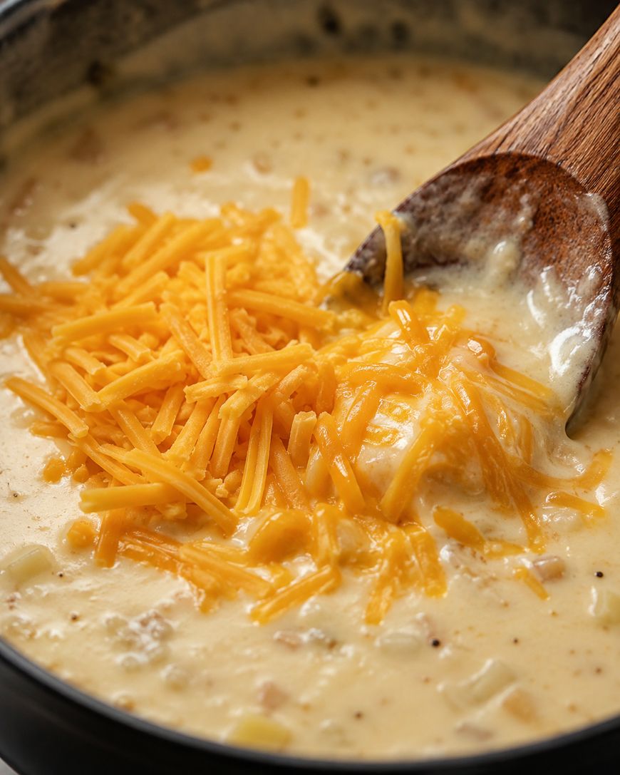 A wooden spoon lifting creamy potato soup with visible potato chunks and cheese.