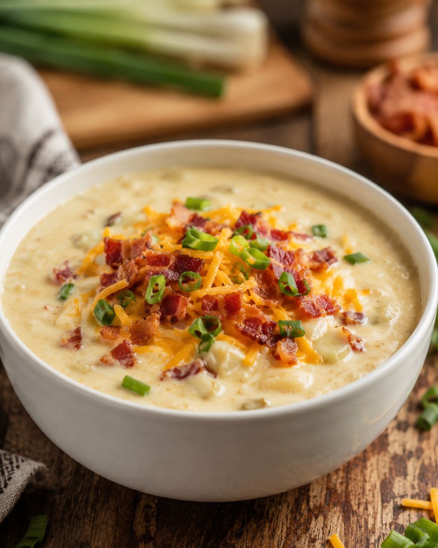 Two bowls of creamy potato soup topped with cheddar, bacon, and green onions.