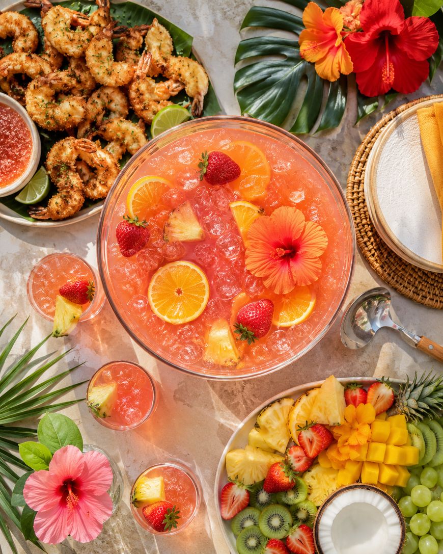 A tropical spread with a large bowl of pink punch, garnished with orange slices and strawberries, surrounded by fruit, grilled shrimp, flowers, and tropical leaves on a sunlit table.