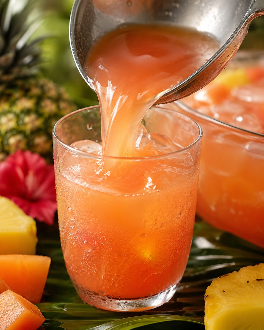 A glass is being filled with orange tropical punch, surrounded by pineapple slices, a whole pineapple, and a red flower, all arranged on green leaves.