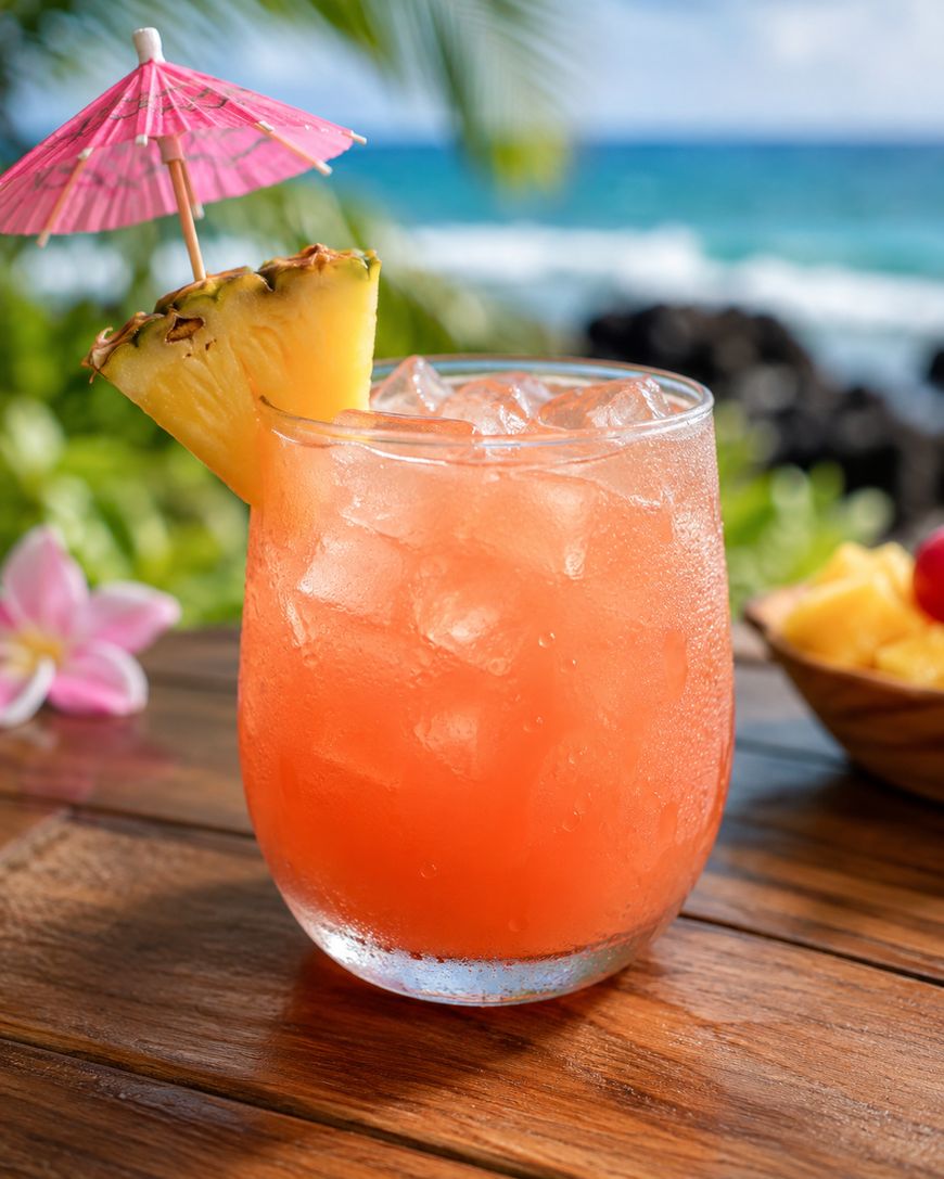 A tropical cocktail with ice, a pineapple wedge, and a pink umbrella sits on a wooden table by the beach. There are flowers and a fruit bowl in the background.