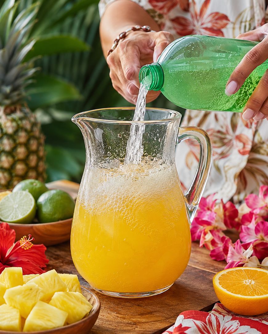A person pours sparkling water into a glass pitcher of orange juice, surrounded by pineapple, lime, orange slices, and tropical flowers on a wooden table.
