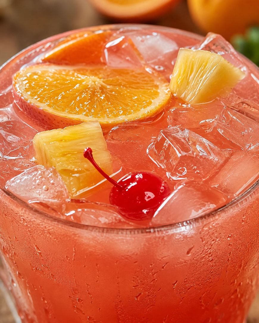 A close-up of a pink cocktail with ice, garnished with orange slices, pineapple chunks, and a maraschino cherry.