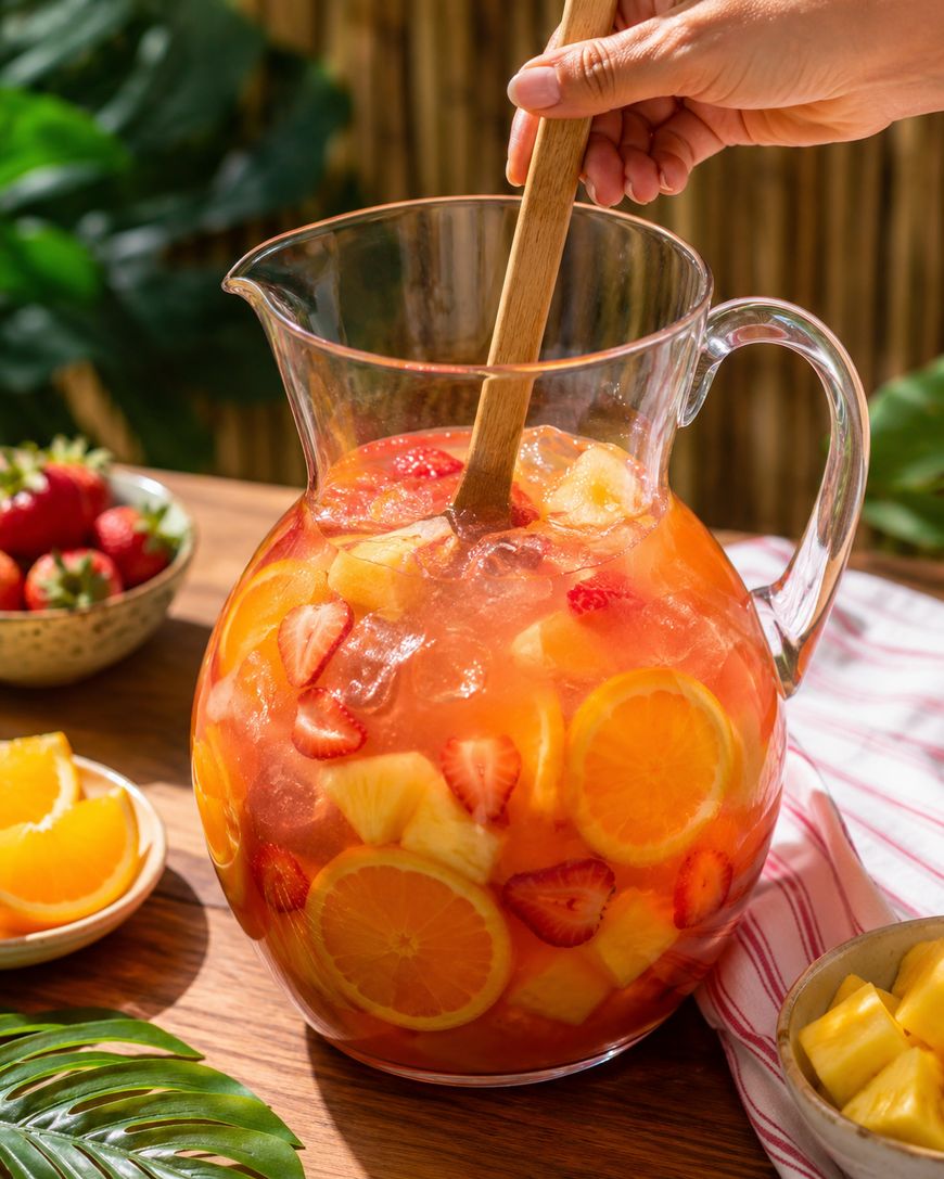 A hand stirs a glass pitcher filled with iced fruit punch, containing orange slices, strawberries, and pineapple chunks. The pitcher sits on a wooden table with fresh fruit and tropical leaves nearby.