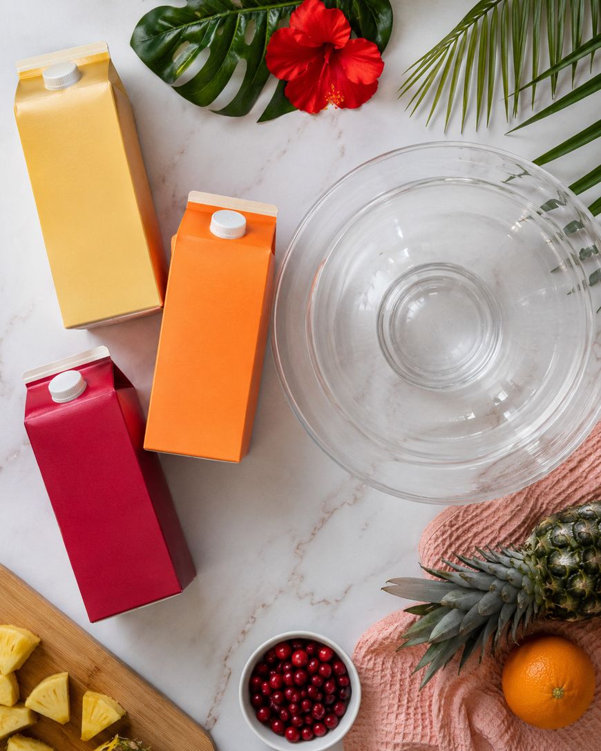 Three colorful juice cartons, a clear glass bowl, a pineapple, an orange, cranberries, tropical leaves, and a red hibiscus flower are arranged on a marble surface with a pink towel and cut pineapple pieces nearby.