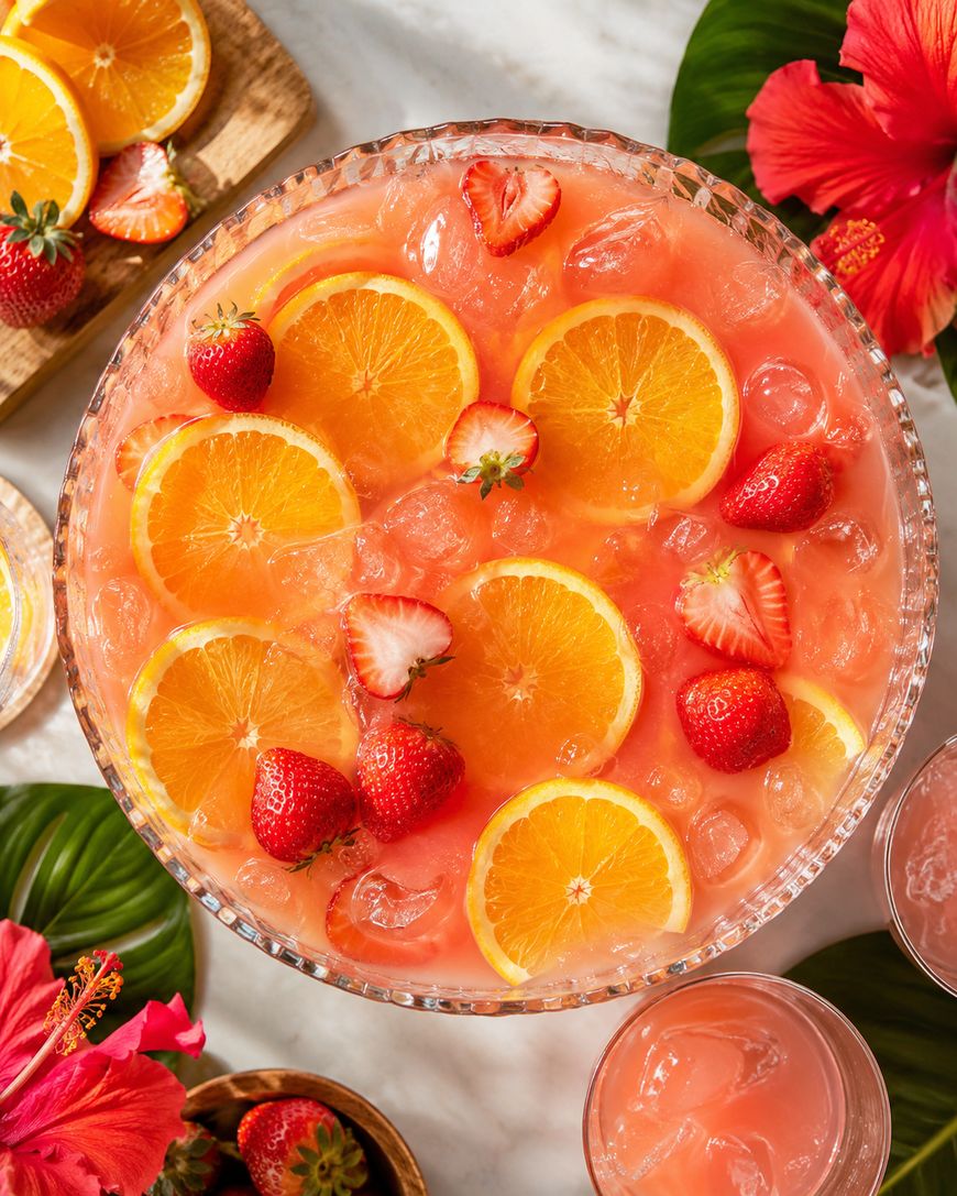 A glass punch bowl filled with a pink-orange drink, ice cubes, orange slices, and whole and halved strawberries, surrounded by tropical leaves, flowers, and sliced fruits.