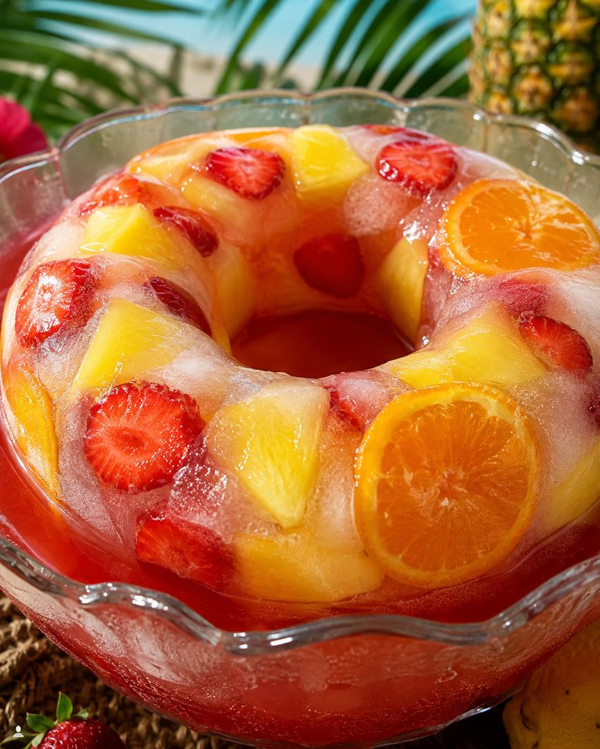 A fruit punch bowl with a ring-shaped ice mold containing orange slices, strawberries, and pineapple chunks. Tropical leaves and a pineapple are in the background.