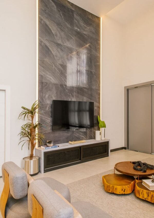 Modern living room with a gray marble accent wall, mounted TV, light wood furniture, round coffee tables, indoor plants, and neutral decor. The space is bright with high ceilings and minimalistic design.
