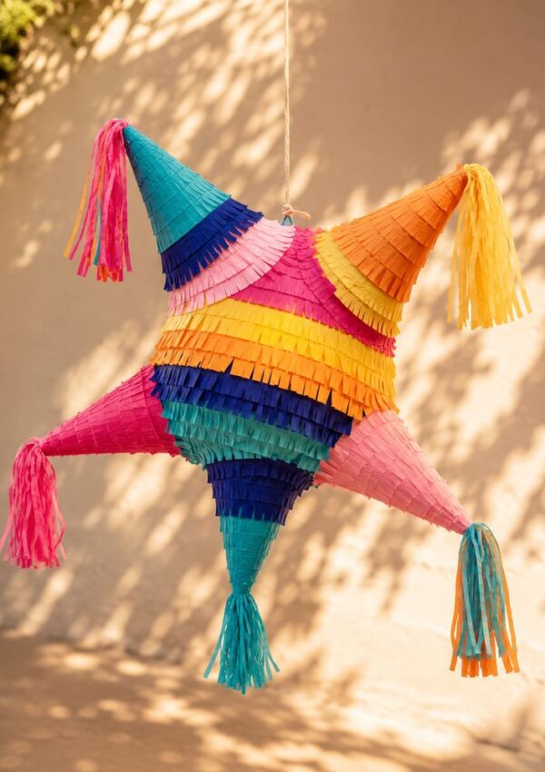 A colorful, star-shaped piñata with fringed tissue paper in pink, blue, orange, yellow, and purple, hangs outdoors in sunlight.
