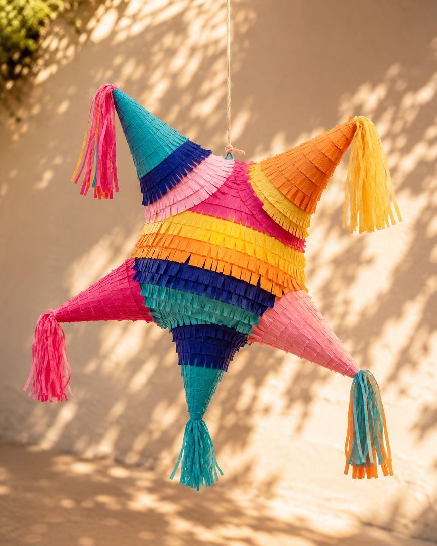 A colorful, star-shaped piñata with five points, decorated with bright fringe in pink, blue, orange, yellow, and teal, hangs outdoors against a light wall.