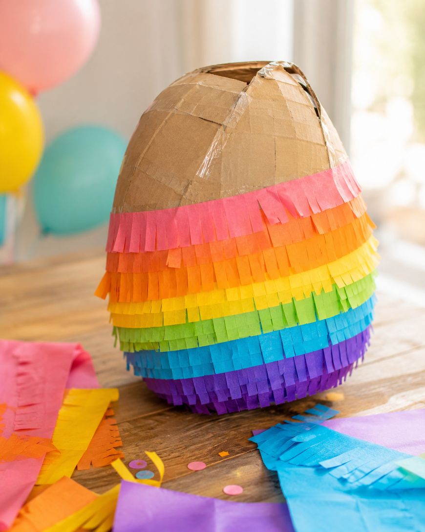 A large, egg-shaped piñata with rainbow-colored fringe sits on a wooden table surrounded by colorful tissue paper and balloons in the background.