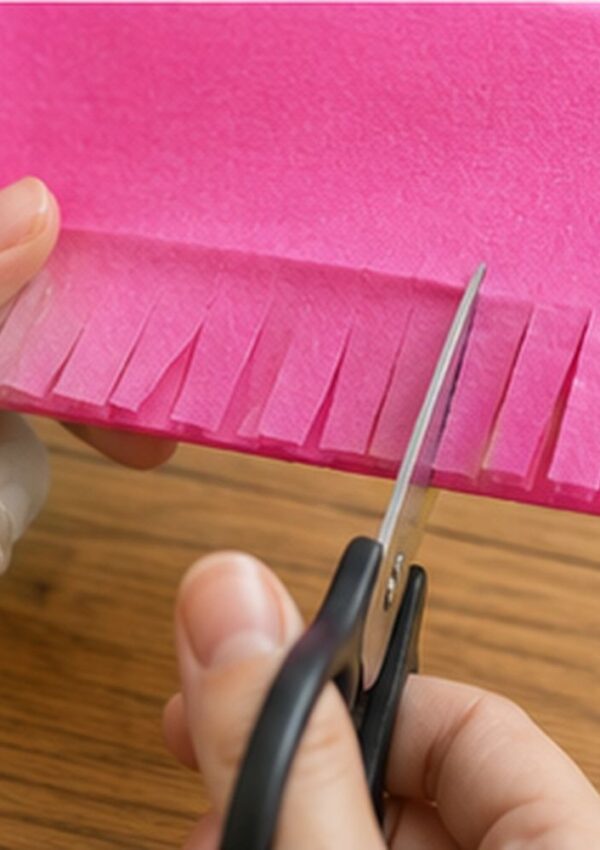 A person uses scissors to cut fringe into a folded piece of pink paper on a wooden surface.