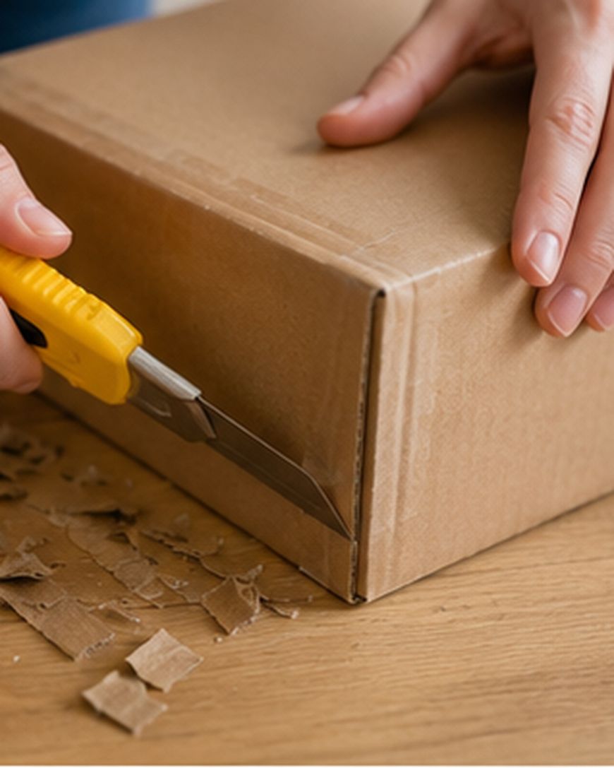 A person uses a yellow utility knife to open a cardboard box on a wooden surface, with small pieces of cut cardboard scattered nearby.