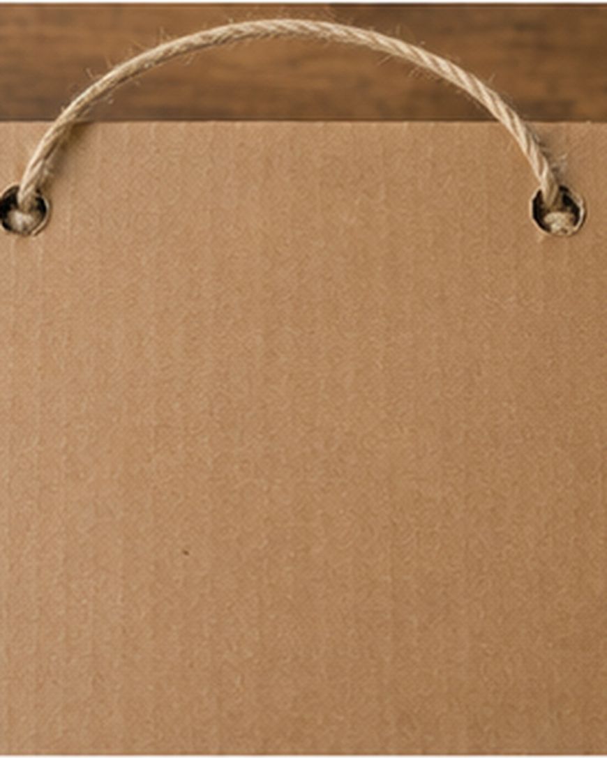 A close-up of a brown cardboard surface with two holes at the top, threaded with a piece of rope, resembling a handle for a bag.