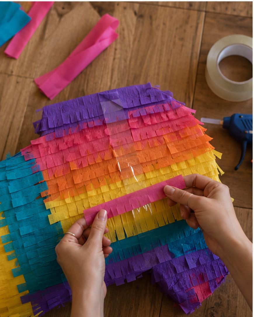Hands attach pink crepe paper to a colorful piñata covered in layers of fringe. A tape roll and glue gun are on a wooden table nearby, suggesting a craft or DIY project in progress.