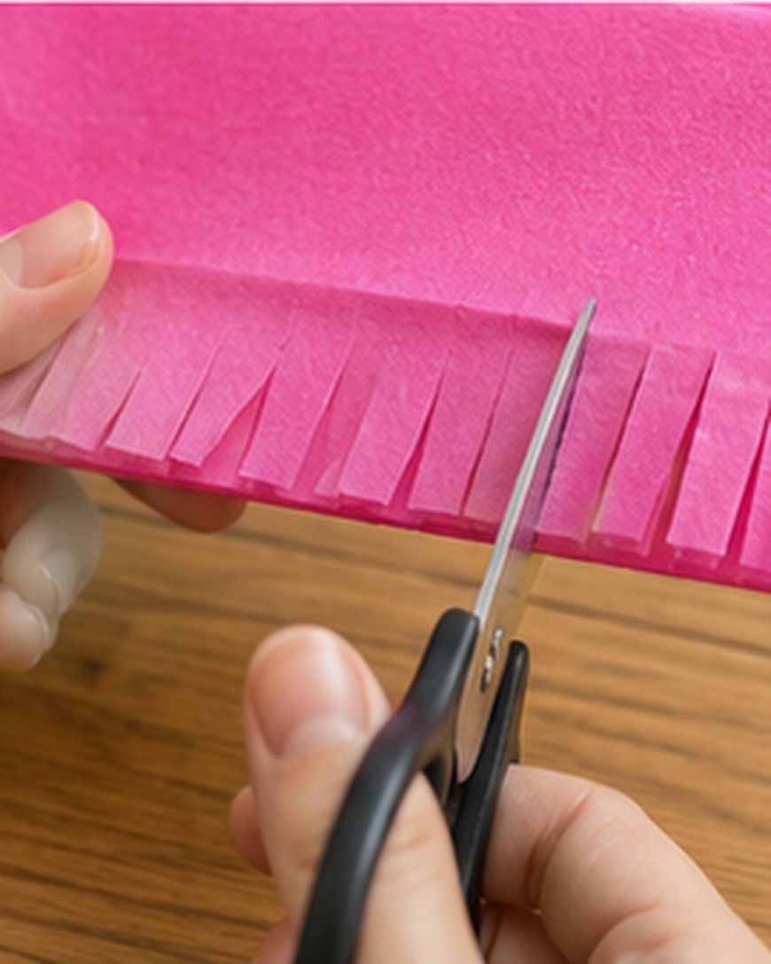 A person uses scissors to cut small fringes into a folded sheet of pink paper on a wooden surface.