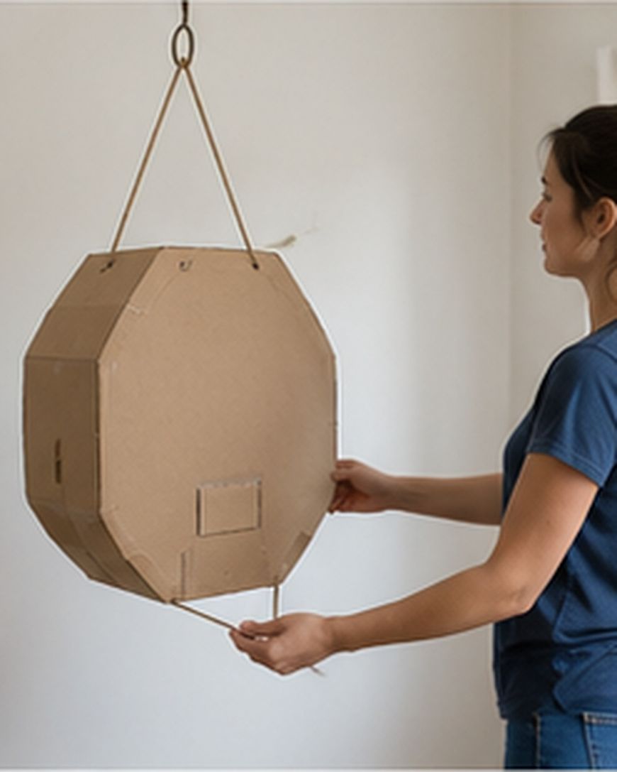 A woman in a blue shirt hangs a large, octagonal cardboard object on a wall with a string.