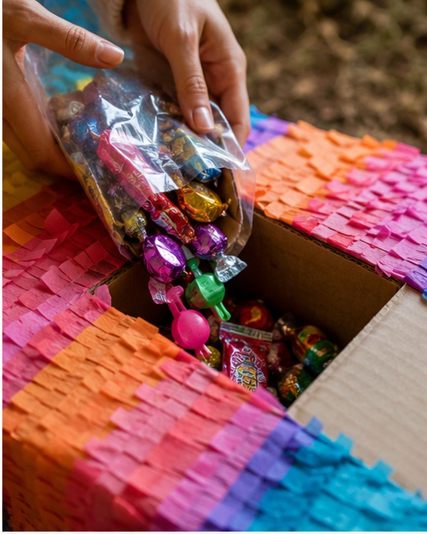 Hands are pouring assorted colorful candies from a plastic bag into a vibrant, multi-colored piñata with a square opening.