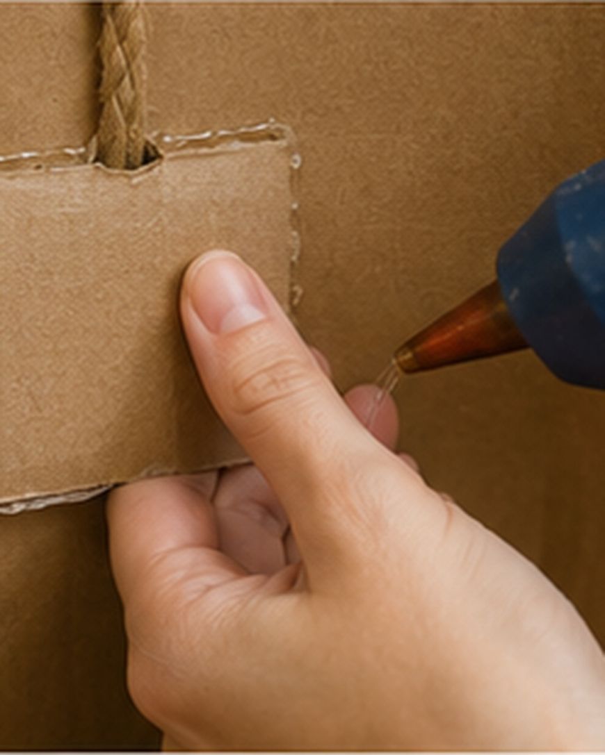 A person uses a hot glue gun to attach a piece of cardboard to a larger cardboard surface. A rope handle is visible, suggesting the creation or repair of a cardboard box or craft project.