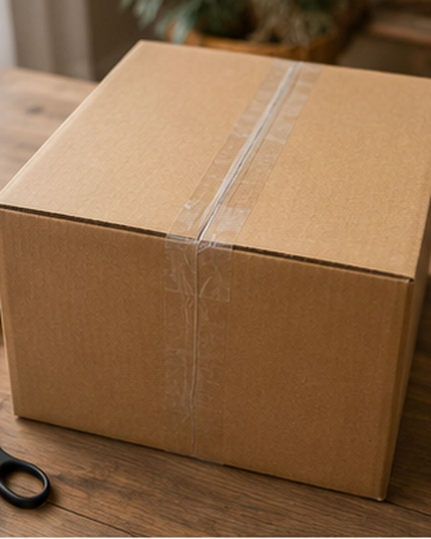 A closed cardboard box sealed with clear tape sits on a wooden table, with a pair of black scissors nearby.