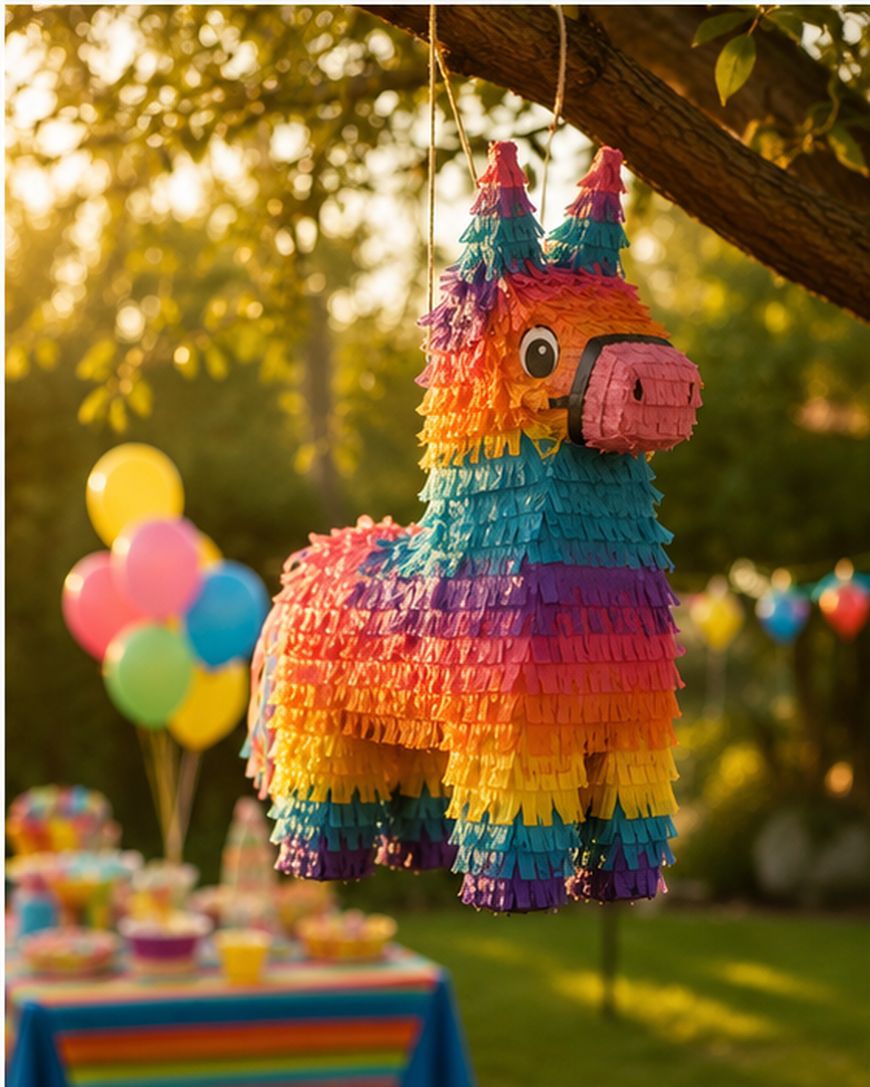 A colorful rainbow donkey piñata hangs from a tree in a sunny backyard, with party tables and balloons in the background, suggesting a cheerful outdoor celebration.
