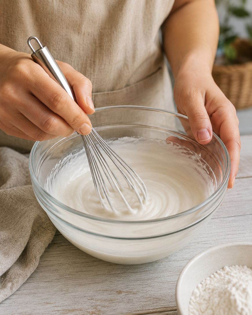 A person whisks a creamy white mixture in a glass bowl on a light wooden surface, with a small bowl of flour nearby.