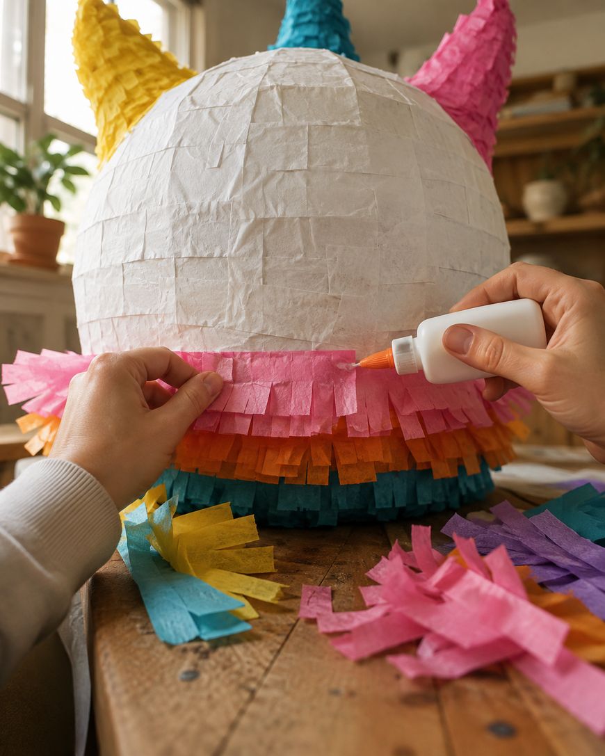 Hands glue colorful tissue paper strips onto a round piñata with yellow, blue, and pink cone shapes, on a wooden table with craft supplies and plants in the background.