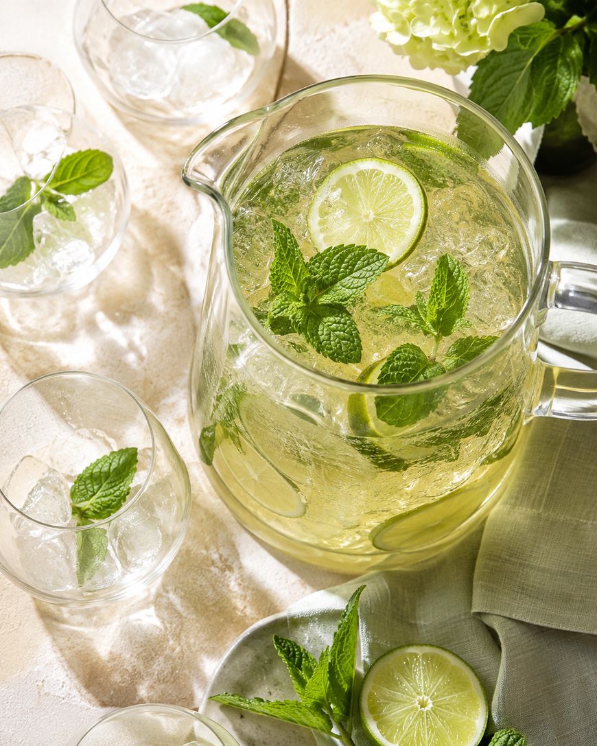 A glass pitcher filled with a lime and mint drink sits on a table, surrounded by empty glasses with ice and mint, and a plate with lime slices and mint leaves. Bright sunlight highlights the refreshing scene.