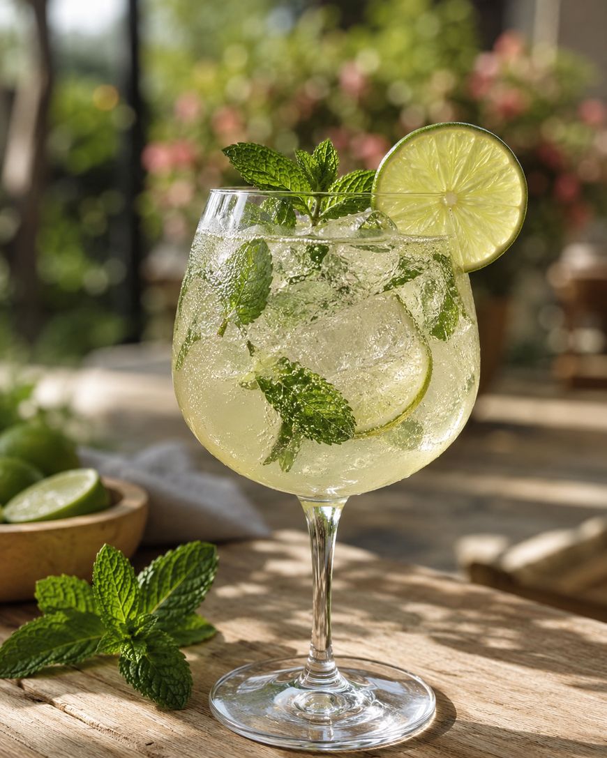 A cocktail with ice, lime slices, and fresh mint leaves in a large wine glass sits on a wooden table, with more mint and limes nearby, and a blurred garden background.