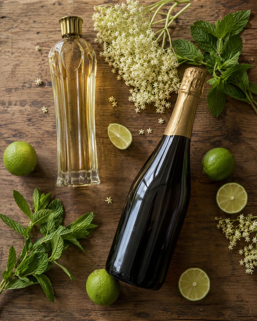 A bottle of champagne, a bottle of liqueur, fresh limes, mint leaves, elderflower blossoms, and lime slices arranged on a wooden table.