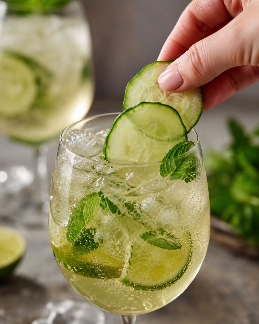 A hand places cucumber slices into a glass of sparkling drink with ice, mint leaves, and lime. Another similar glass and fresh mint are blurred in the background.