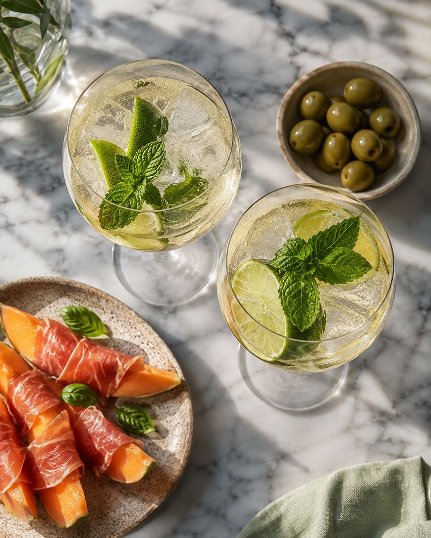 Two glasses of sparkling drink with lime and mint, a bowl of green olives, and a plate of cantaloupe wrapped in prosciutto on a marble table.