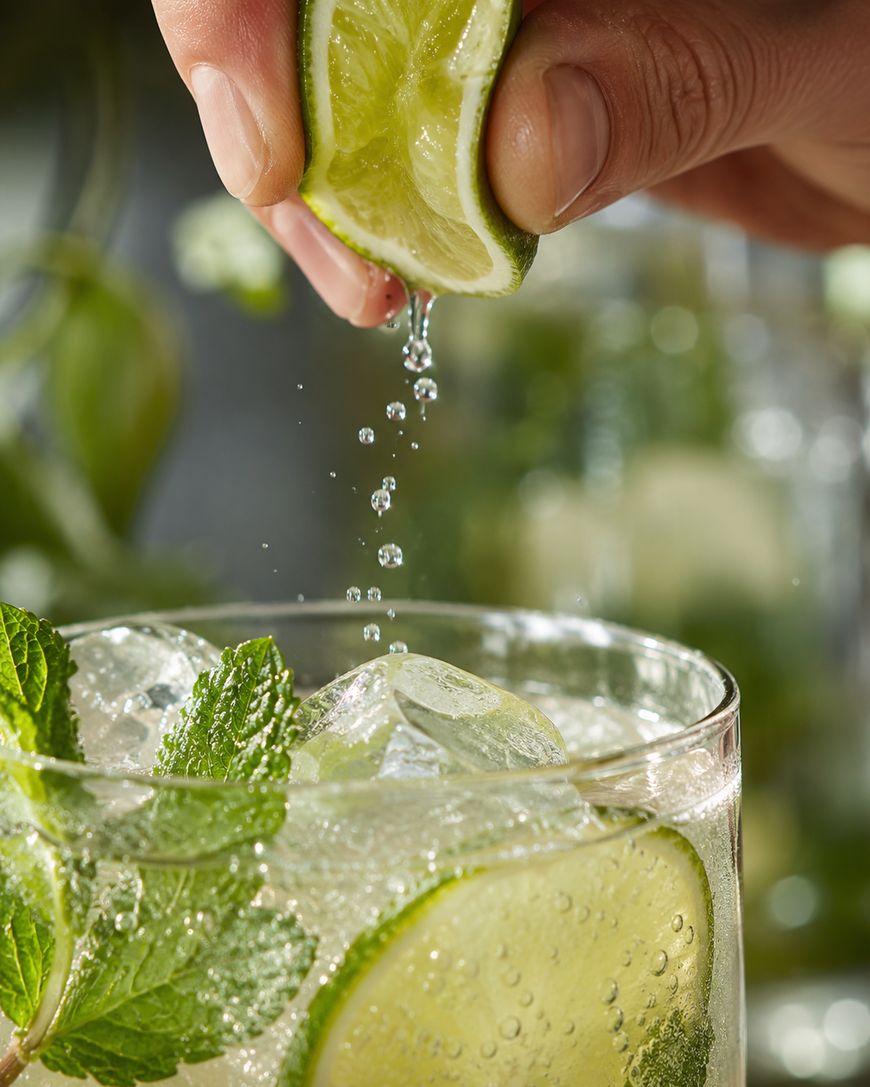 A hand squeezes a fresh lime wedge over a glass of iced drink garnished with mint and lime slices, with drops of juice falling into the glass.