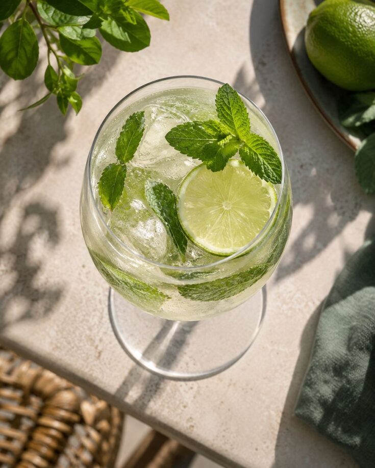 A glass of iced drink garnished with fresh mint leaves and a lime slice sits on a sunlit table next to a plate of limes and a green napkin.