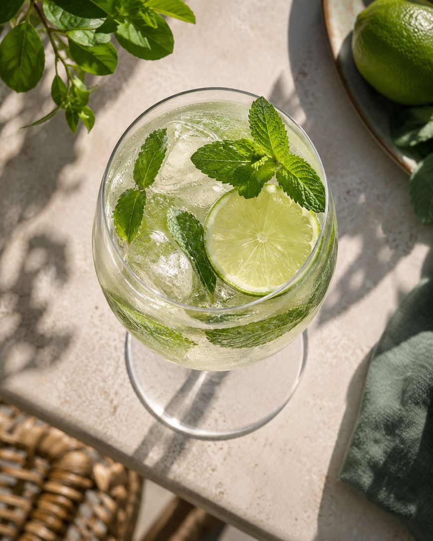A glass of iced drink garnished with fresh mint leaves and a lime slice sits on a sunlit table next to a plate of limes and a green napkin.