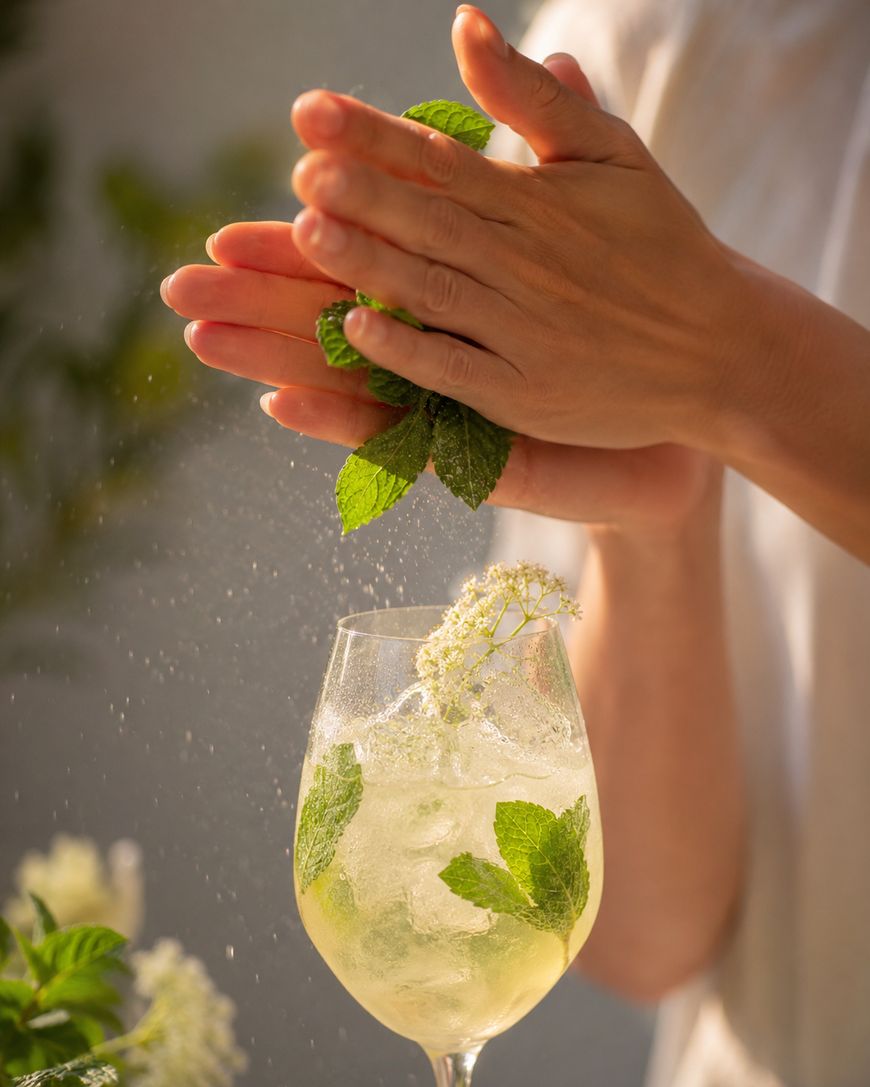 A person claps mint leaves above a cocktail glass filled with ice, mint sprigs, and a small white flower, with sunlight illuminating the scene.
