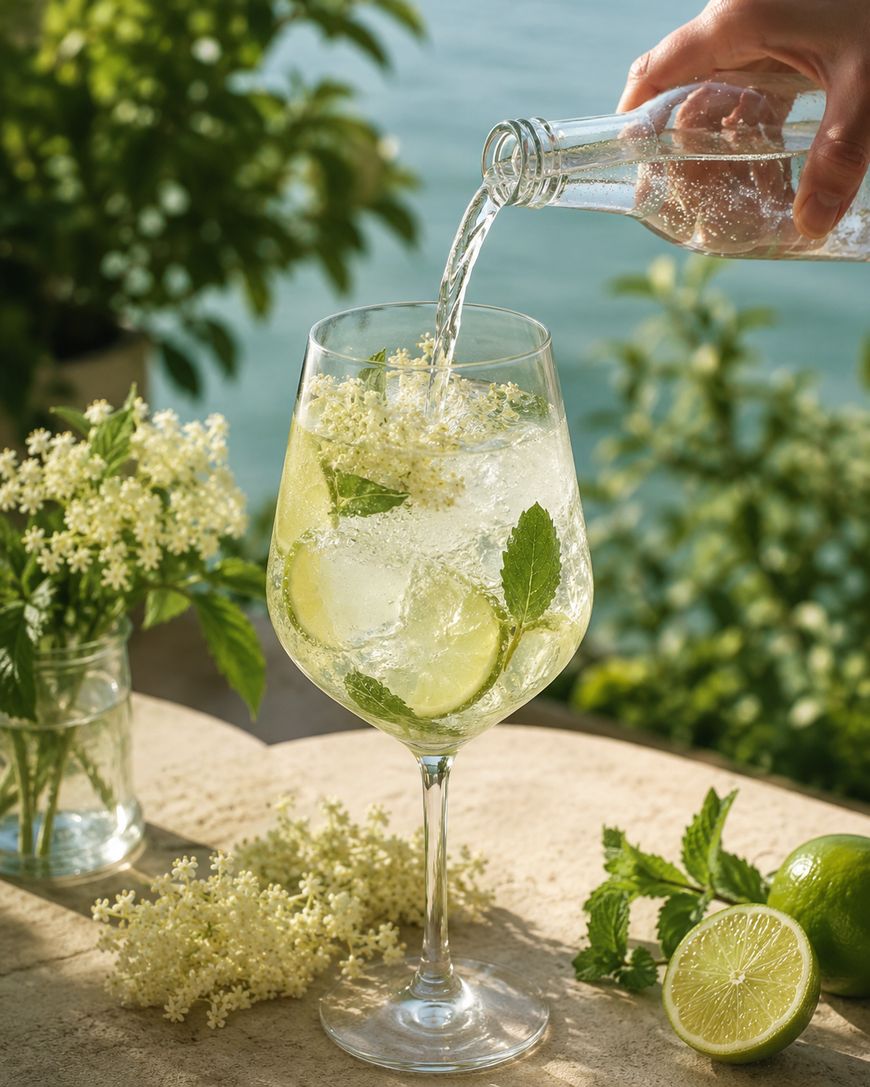 A hand pours a clear drink into a wine glass with ice, lime slices, mint, and elderflowers. Fresh limes, mint, and flowers are on the table outdoors, with greenery and water in the background.