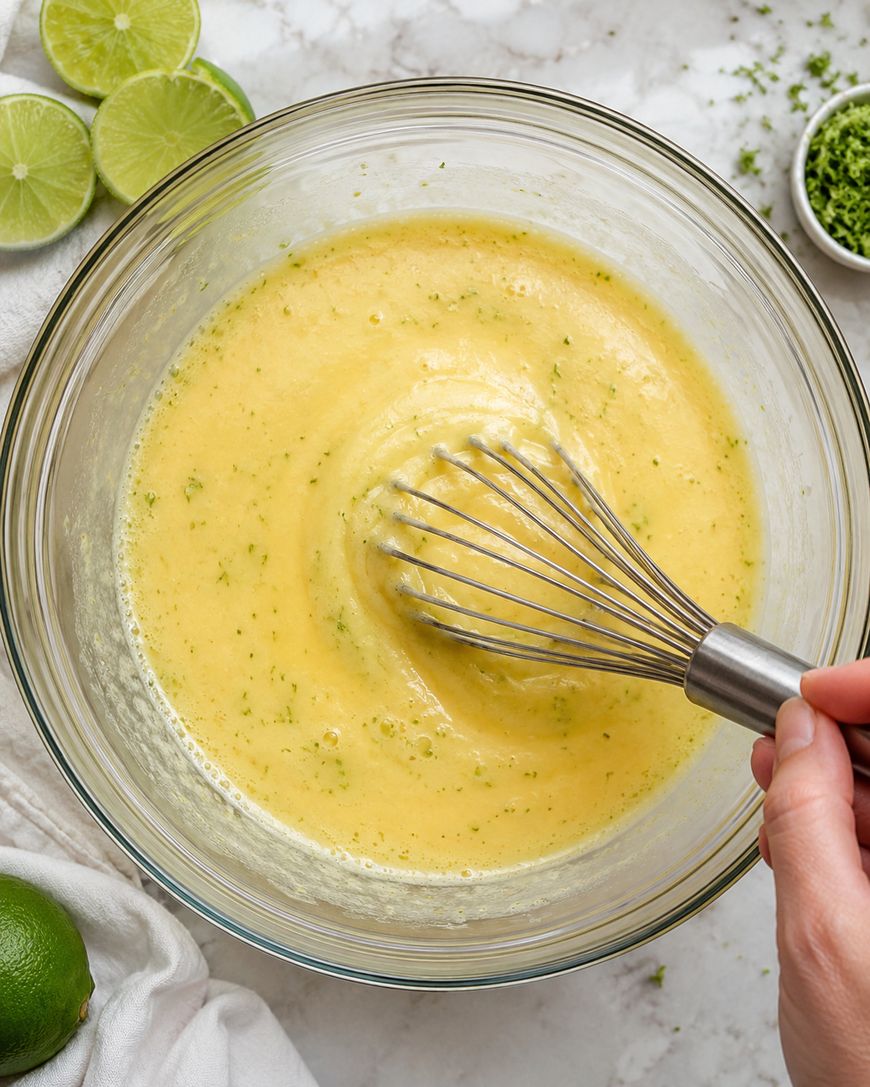 A hand whisking a yellow batter with green zest in a glass bowl, surrounded by sliced limes and a small bowl of lime zest on a marble countertop.