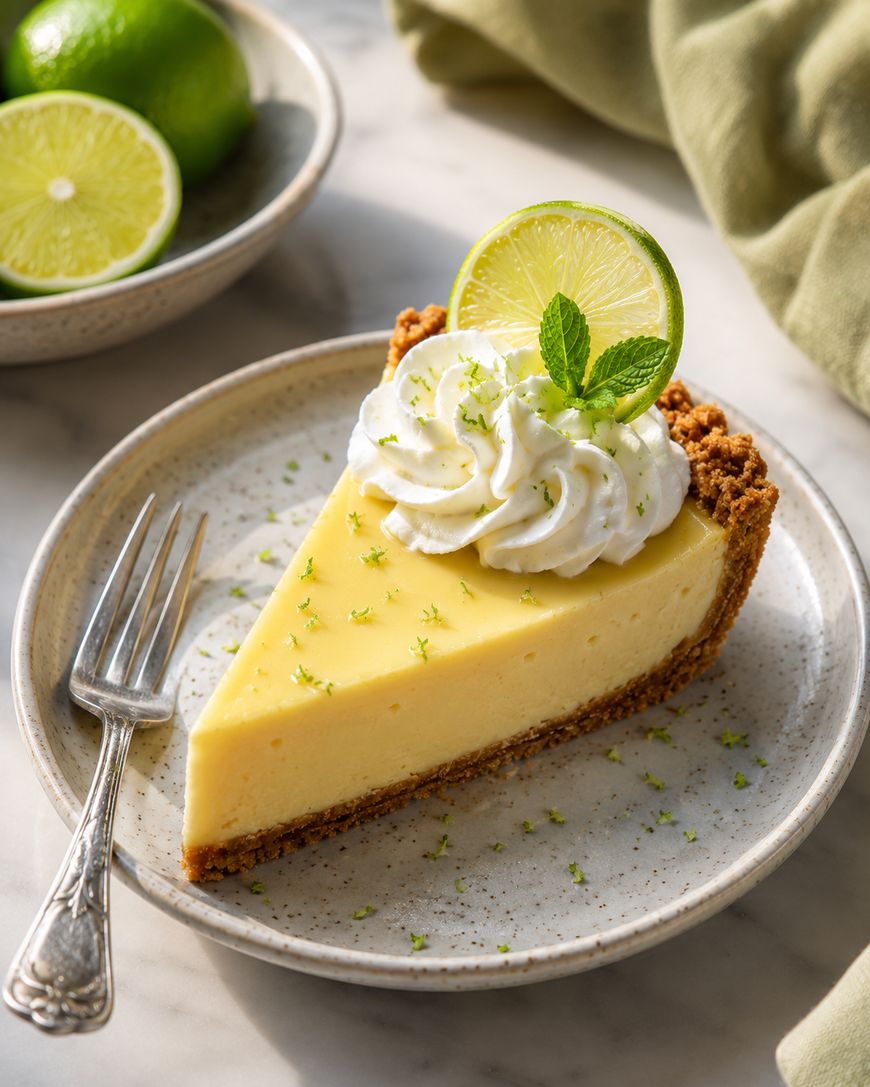 A slice of key lime pie topped with whipped cream, lime zest, a lime wheel, and a mint sprig sits on a plate with a fork. A bowl of fresh limes is in the background.