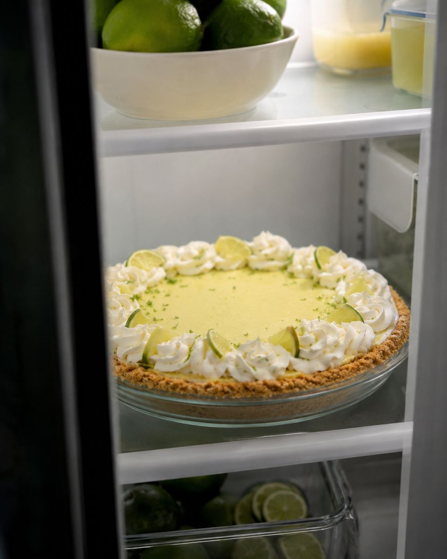 A key lime pie topped with whipped cream and lime slices sits on a glass shelf in a refrigerator. A bowl of limes and a container of juice are on the shelf above.