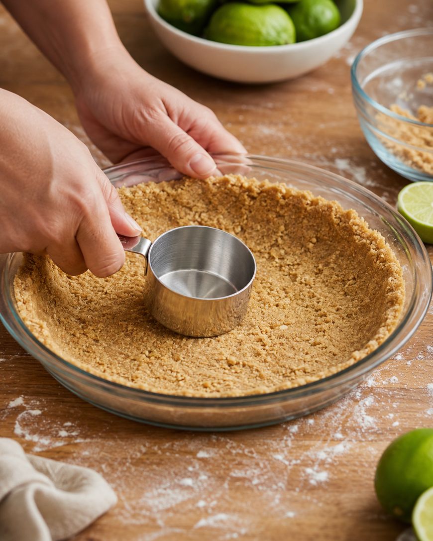 Hands pressing graham cracker crust into a glass pie dish using a metal measuring cup. A bowl of limes and a glass bowl of crumbs are on a wooden table nearby.