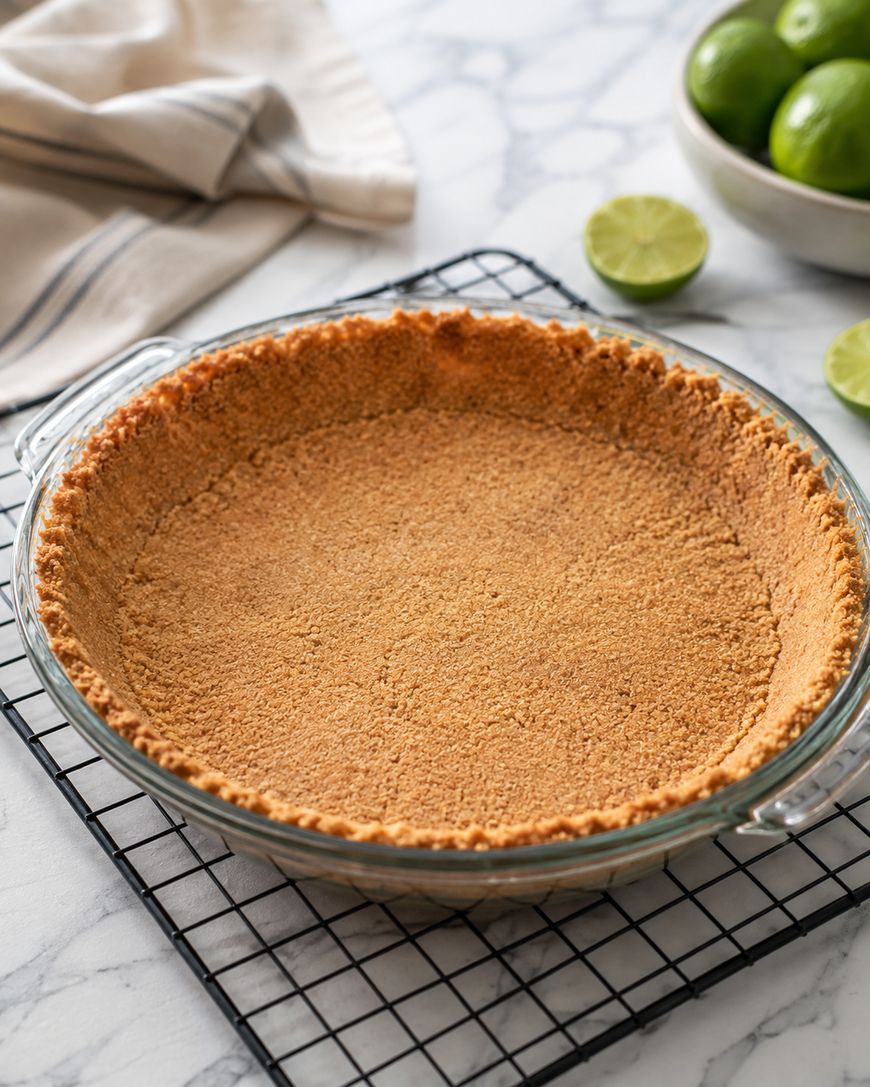 A baked graham cracker pie crust in a glass dish sits on a cooling rack. A bowl of whole limes, a halved lime, and a beige towel are in the background on a marble countertop.