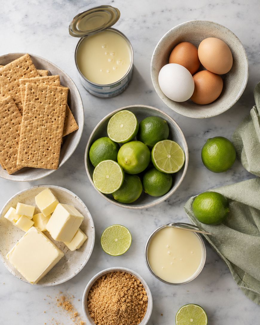 Bowl of limes, halved limes, eggs, butter, graham crackers, brown sugar, cans of condensed milk, and a green napkin arranged on a marble surface.